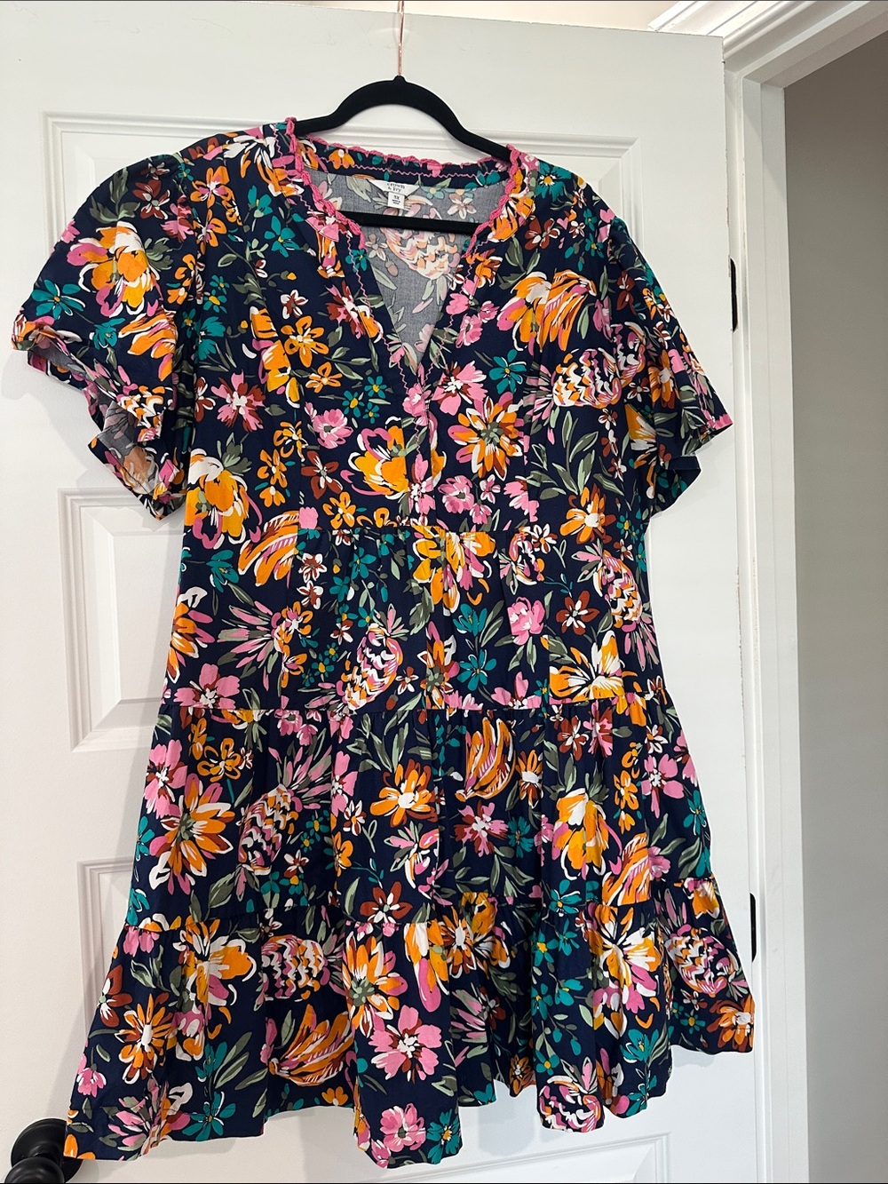 crown & ivy Navy Floral Tiered Dress with Pink Yellow and Teal Accents
